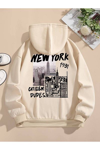 Keywest New York Printed Unisex Oversize φούτερ με κουκούλα - 3 κλωστές 100% βαμβακερό χειμερινό φούτερ