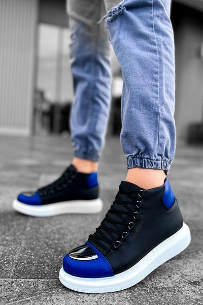 BZ Moda B267 Roman Mirror - Ορθοπεδικά ανδρικά αθλητικά μποτάκια, καθημερινό δέρμα με κορδόνια, μαύρο/μπλε CBT