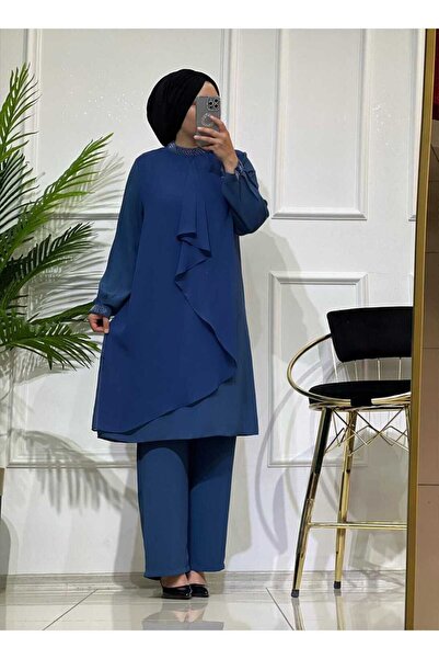 masalabiyem 2222 K80 İNDİGO KOL YAKA TAŞ ŞİFON DETAY TAKIM
