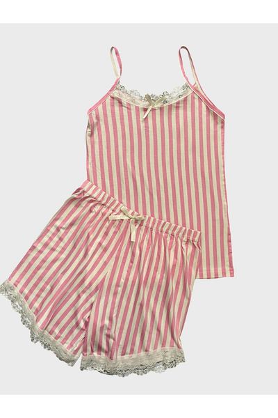 tusem butik homewear Set de pijamale pentru femei, 100% bumbac, cu dungi roz - cu bretele și pantaloni scurți