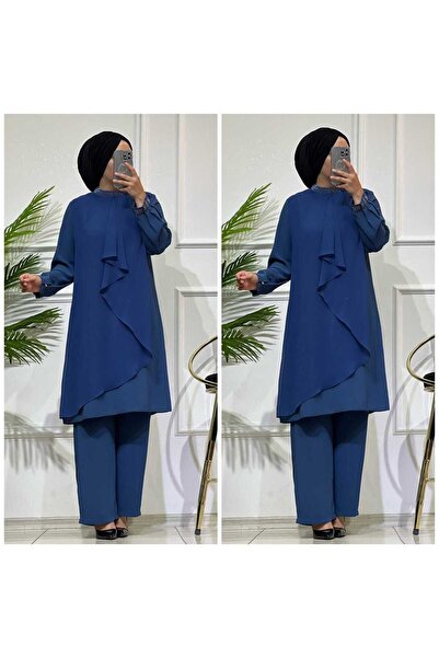 masalabiyem 2222 K80 İNDİGO KOL YAKA TAŞ ŞİFON DETAY TAKIM