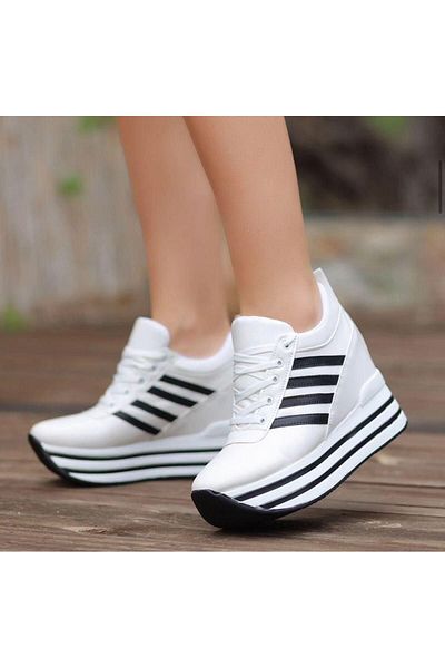 Elvis Black and White Women's Wedge Heeled Sneakers Height (10)Cm