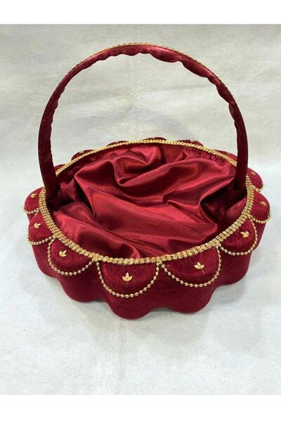 BİRCAN KINA 2-Piece Burgundy Gold Pearl Henna Basket - Sectional Tray, Promise Engagement and Wedding Circumcision