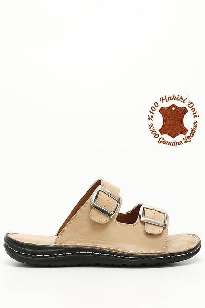 GÖNDERİ(R) Men's Beige Antique Genuine Leather Comfort Slippers