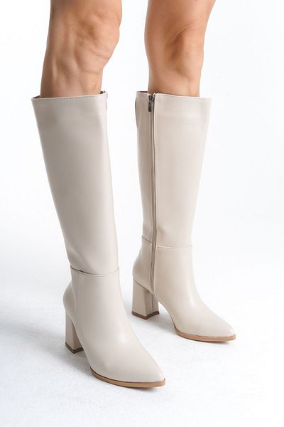 LEMUES SHOES Γυναικείες μπότες μπεζ με φερμουάρ μέχρι το γόνατο