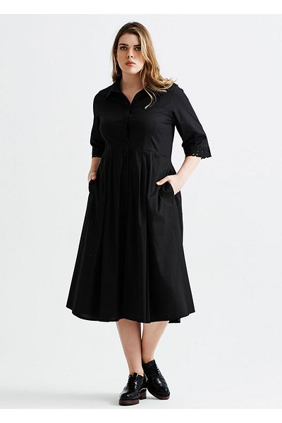 EVEN plus size Black Poplin Sleeve Collar Embroidered Plus Size Dress