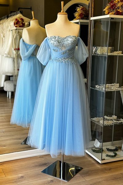 Lenta Moda Ice Blue Draped and Flower Pattern Lace Detailed Midi Length Evening Dress and Evening Gown