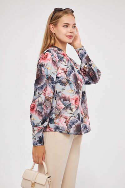 ESPİNA Women's Digital Looked Front Placket Buttoned Sleeve Cuffed Scuba Blouse