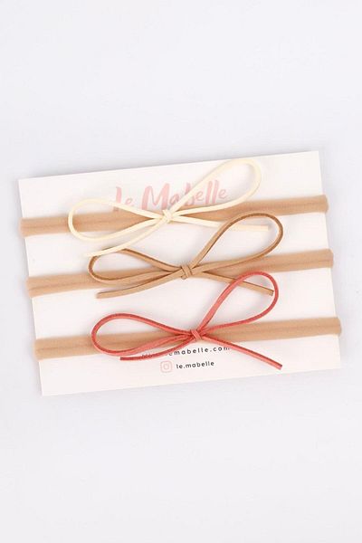 Le Mabelle Ecru Beige Dried Leather Bow 3-Piece Girl's Hair Band Set