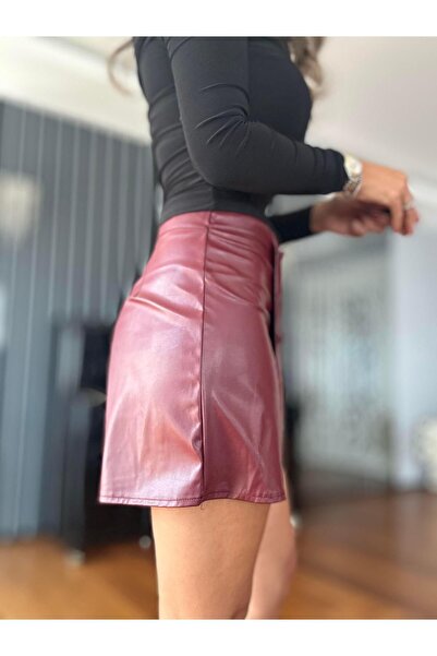 Atelier Derin Bordo Suni Deri Şort Etek