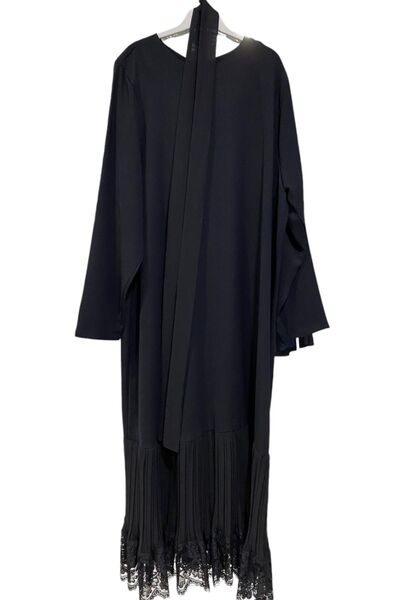 GÜL BUTİK Siyah Renk Etek Uçu Dantel Güpürlü Kuşaklı Sırtı Fermuarlı Elbise