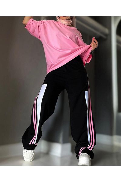Machetta Women's Large Size T-Shirt Side Stripe Sweatpants Double Set