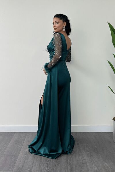 giyimmasalı Φόρεμα ψαριού από σατέν υφασμάτινο μανίκι με χάντρες - ΣΜΑΡΩΜΕΝΟ ΠΡΑΣΙΝΟ