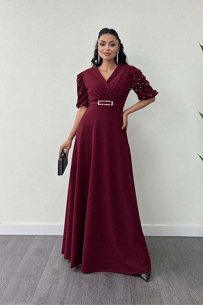 giyimmasalı Εισαγόμενο κρεπ ύφασμα μπαλόνι μανίκι μαργαριτάρι Λεπτομέρεια Maxi Φόρεμα - CLARET RED