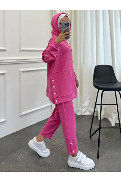 Machetta Kadın Kapüşonlu Yanları Ve Paçası Düğmeli 2'li Tesettür  Takım
