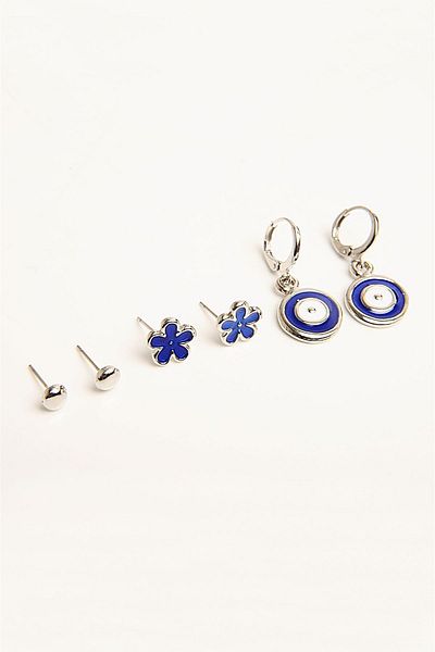 EUROMODA 3-Piece Earring Set - Evil Eye and Flower Design, Ball Earrings