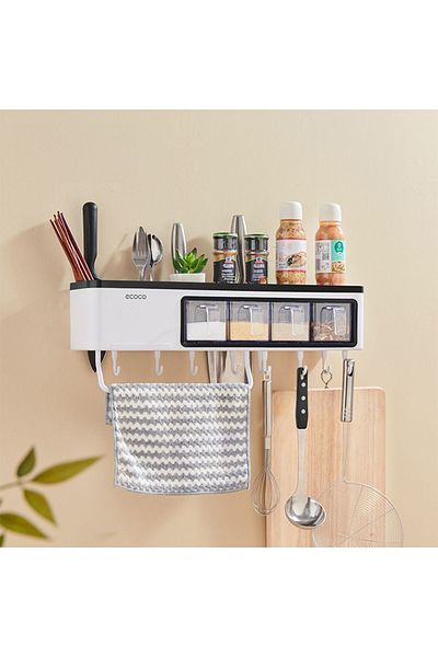 Miecoco Ecoco Kitchen Organizer with Adhesive Compartment, Hanging Spice Rack, Towel and Phone Holder