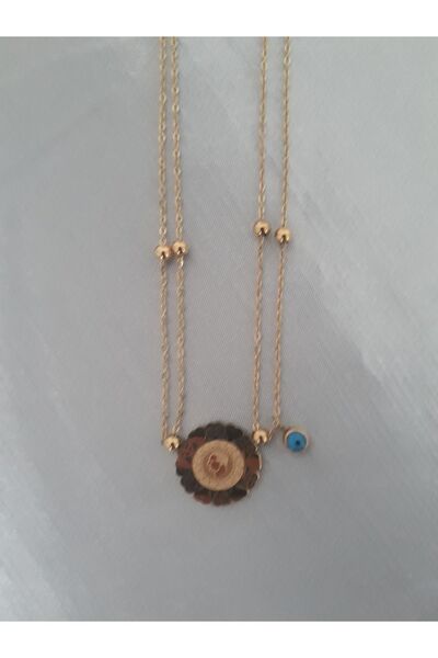 Aksesuar Atatürk Figürlü Nazar Boncuklu Top Ve Çift Zincirli Gold Renkli Paslanmaz Çelik Kolye