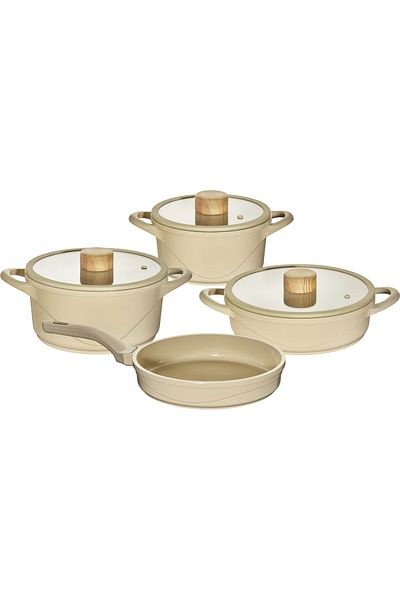 OMS Oyster 12050 - Pure Ceramic 7-Piece Set - Biogranite, Ceramic Pot, Cream Body and Wood Detail