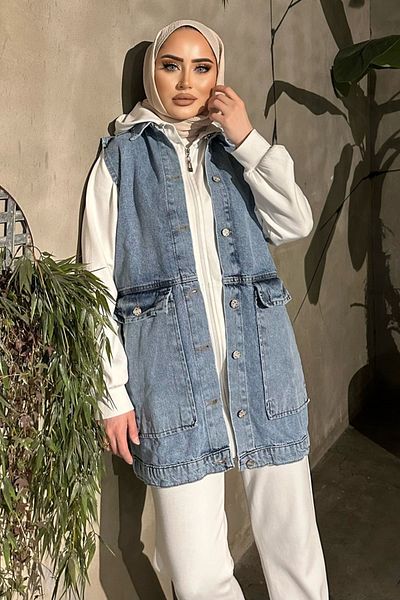 ÇEÇİM Women's Large Pocket Maxi Boy Jeans Vest Zyn-58731