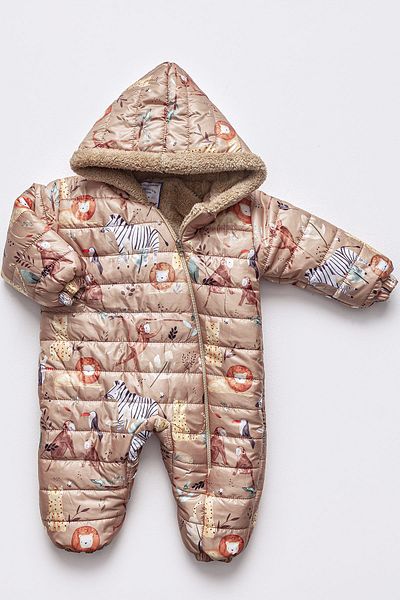 Mika Bebek & Çocuk Beige Astronaut Jumpsuit with Safari Pattern and Fur Hood for Baby Boy