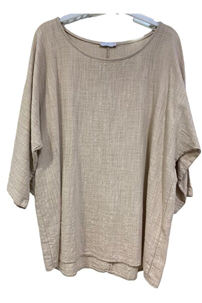 GÜL BUTİK Yuvarlak Yaka Bej Renk  Düz Keten Bluz