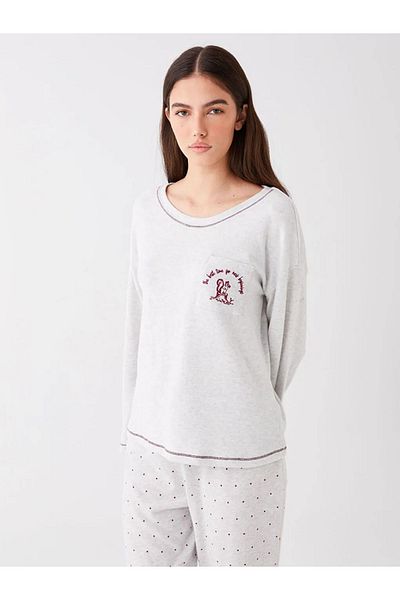 LC Waikiki Lcw Dream Gray Melange Crew Neck Embroidered Long Sleeve Fleece Women's Pajamas Top