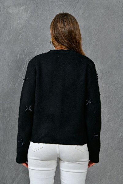 bayansepeti Black Acrylic Fabric Stylish Button Design Bow Ecru Knitwear Cardigan 1041