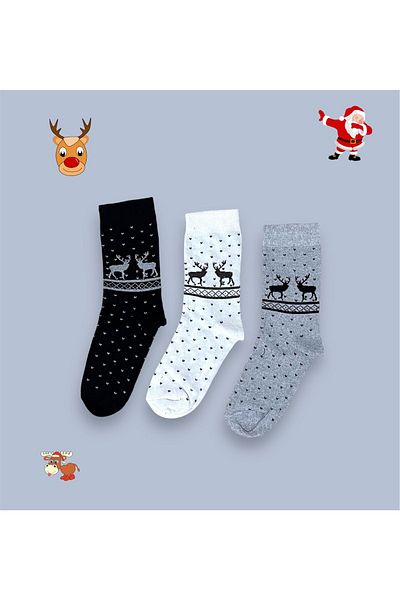 REYNBOO SOCKS 3 чифта дамски чорапи до глезена с шарка на елени и коледна тематика