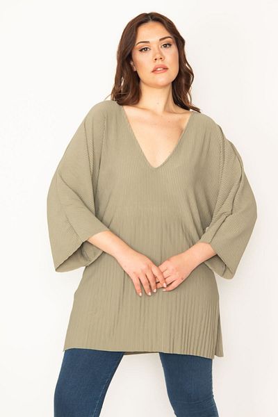 Şans Women's Large Size Green V-Neck Bat Sleeve Lycra Tunic 65n32443