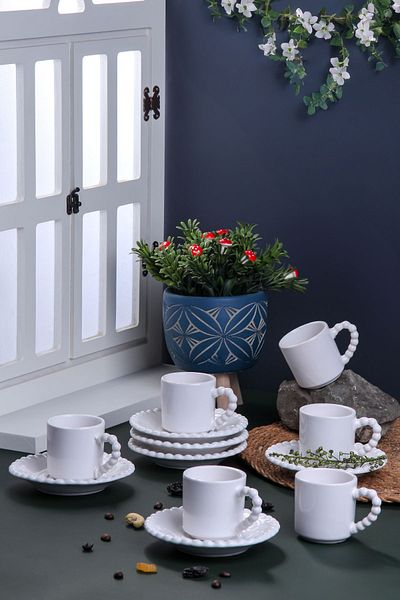 Sezka Life Turkish Coffee Cup Beaded White Cup Set Luxury Ceramic Turkish Coffee Cup Set
