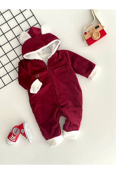 Murat Baby بذلة مخملية بغطاء للرأس من ويلسوفت من الداخل إلى الخارج باللون العنابي
