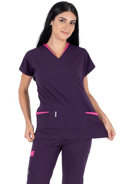 Alsancak Üniforma Set de tricou pentru doctor și asistentă din țesătură subțire din lycra violet închis Twin Flex