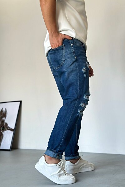 LUVEST ERKEK YIRTIK DETAYLI BOYFRİEND MAVİ JEAN KOT PANTOLON