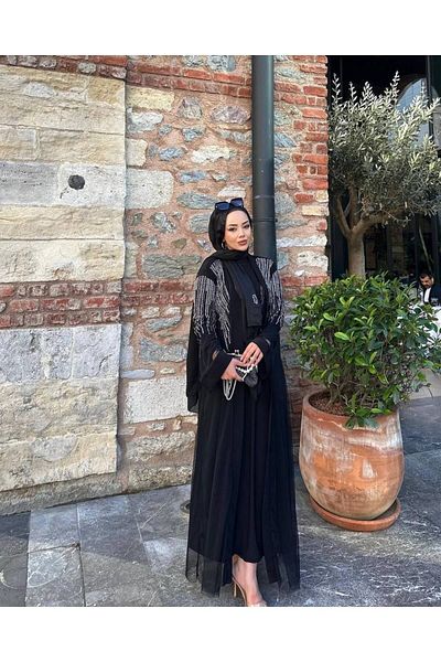 CELT Black Stone Embroidered Women's Abaya Set - L
