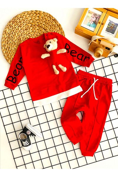 DERİNBEBE Our Cheerful Babies with Toys and Bear Printed Two Thread Combed Cotton Set Red