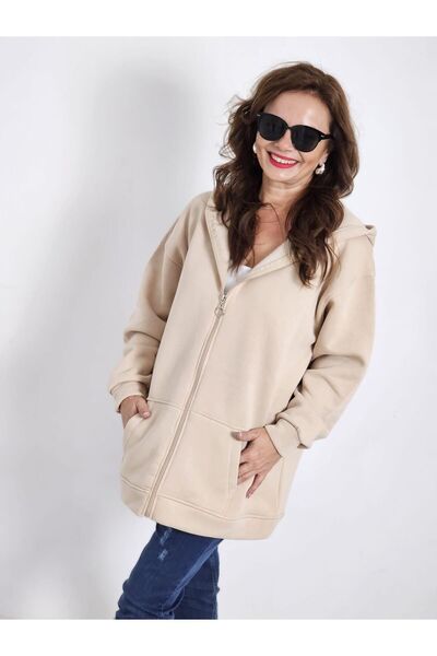Felix Butik FELİX12573 Kapüşonlu Şardonlu Rahat Kalıp Bej Sweat Ceket