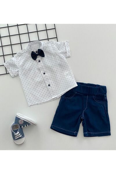 DERİNBEBE Our Cheerful Babies Anchor Pattern Bow Tie Judge Collar Jeans Short...