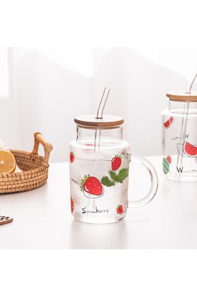Livava Strawberry Glass Mug with Straw, Red, 12X7