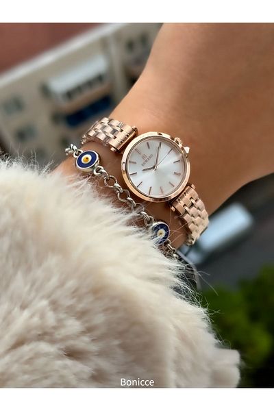 Reward New Model Steel Cord Rose Color Small Case Stylish Women's Wristwatch + Nazar Beaded Bracelet Gift