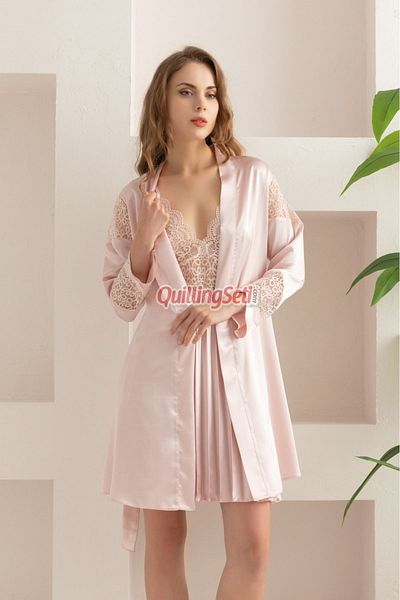 quilling Set de cămașă de noapte din satin cu rochie de noapte Powder Colour Lace Detailed Lady 15233