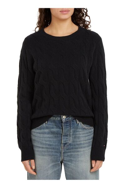 Tommy Hilfiger Yuvarlak Yaka Siyah Kadın Kazak SOFT YÜN CABLE C-NK