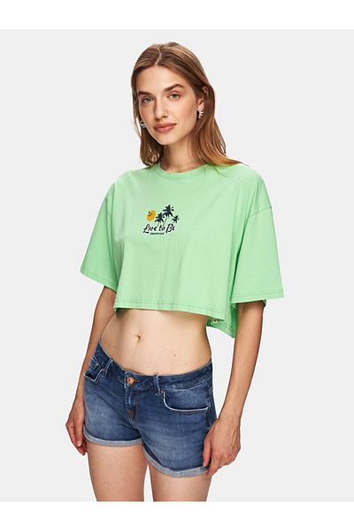 Ltb Tricou verde crop cu mânecă scurtă, cu decolteu în formă de O, imprimat pe spate