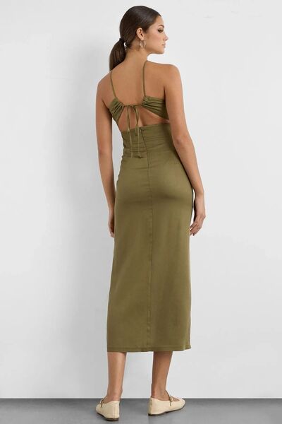 Hiccup Yarım Boy Çapraz Boyunlu Bodycon Midi Elbise, Yırtmaç ve Ayarlanabilir İplik Detayı ile