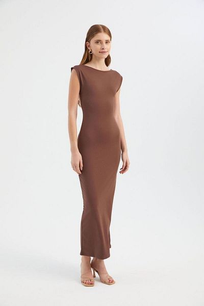 Hiccup Maxi Bodycon Φόρεμα - Crew Neck, Χαμηλό Πίσω, Καπάκι μανίκια