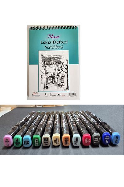 Masis A5 Drawing Notebook - Double Ended Graphic Marker, 12 Pack Warm Colors