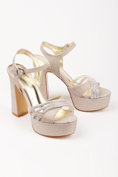 Alemdar Shoes Γυναικεία βραδινά παπούτσια με τακούνια πλατφόρμας με χρυσή ασημί πέτρα με λεπτομέρειες