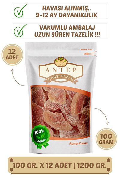 Antep Çarşı Pazar 100g X 12 Pieces Papaya Dried Fruit - Vacuum Packaging