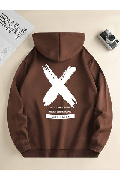 Keywest X Printed Unisex Oversize βαμβακερό φούτερ με κουκούλα - Χειμερινό φούτερ με 3 κλωστές