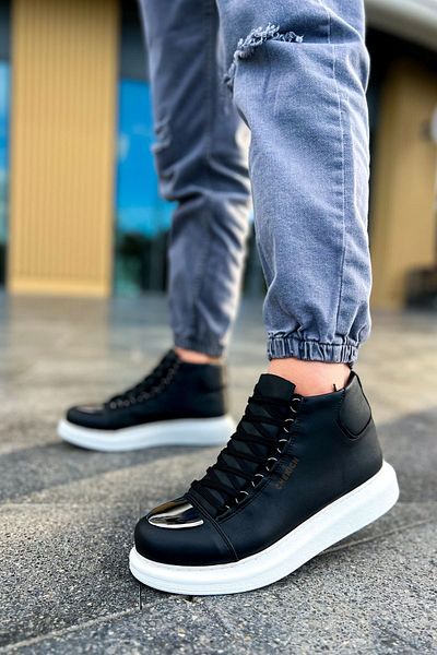 BZ Moda B267 Roman Mirror - Ορθοπεδικά ανδρικά αθλητικά μποτάκια, καθημερινά δερμάτινα μποτάκια με κορδόνια, μαύρα